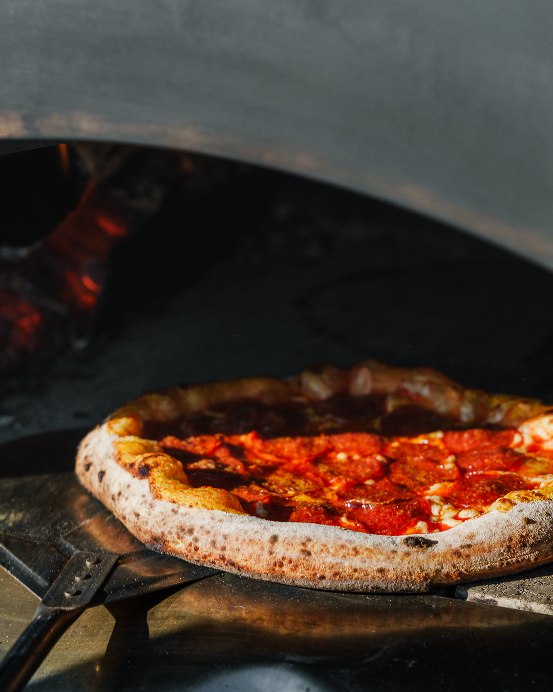 Neapolitan pizza fresh from the wood-fired oven